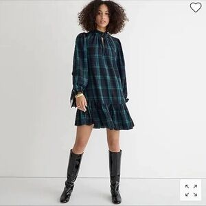 J. Crew Black and Green Plaid Long-Sleeve Ruffle Hem Dress